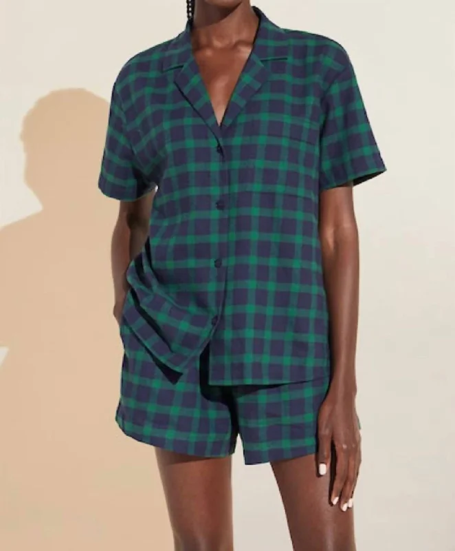 Women's pajamas with cute patterns-Flannel Short Pj Set In Windowpane Plaid True Navy Women's pajamas with cute patterns-Flannel Short Pj Set In Windowpane Plaid True Navy