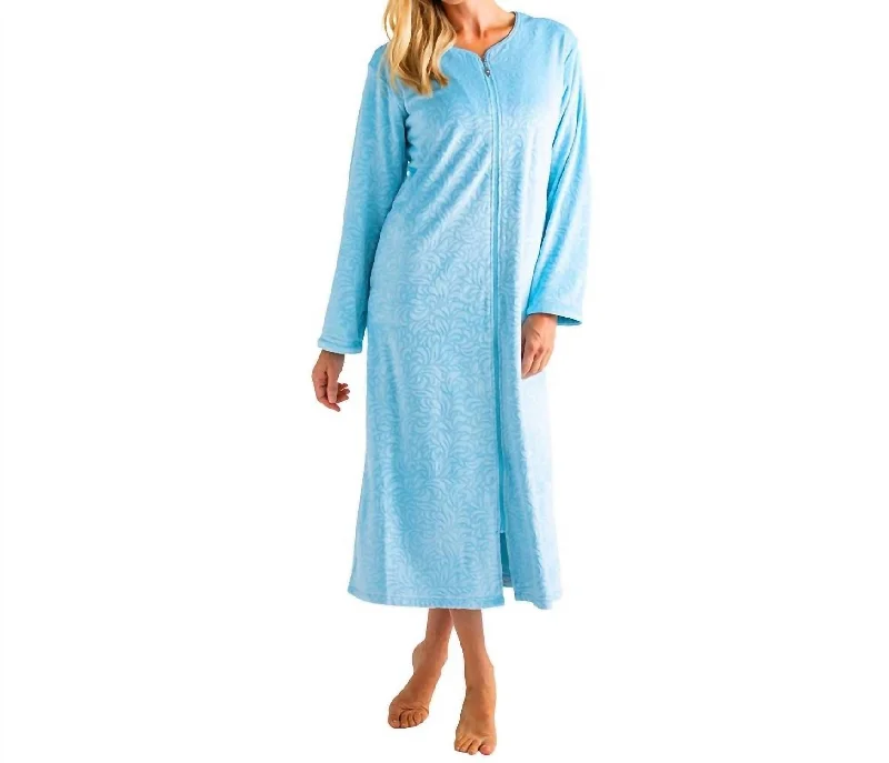 Women's pajamas with comfortable waistband-Floral Embossed Zip Robe In Light Blue