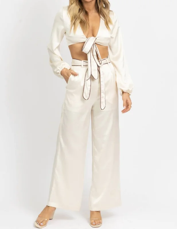 Soft cotton pajamas set for casual nights-Front Tie Trouser Pant Set In Satin Creme Soft cotton pajamas set for casual nights-Front Tie Trouser Pant Set In Satin Creme