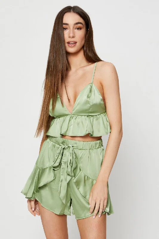 Soft fabric pajamas set for women-Green Bralette Pyjamas Set Satin