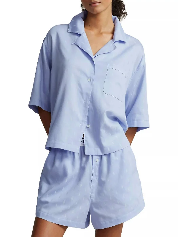 Stylish women's pajamas for restful sleep-Jacquard Polo Player 2-Piece Pajama Set In Blue