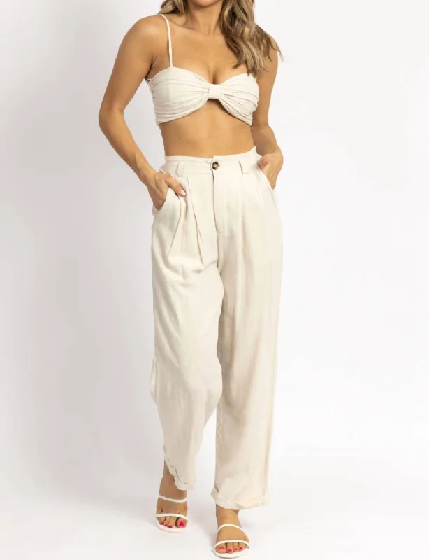 Women's pajamas with light, breathable fabric-Linen Ruched Crop + Pant Set In Oatmeal Women's pajamas with light, breathable fabric-Linen Ruched Crop + Pant Set In Oatmeal
