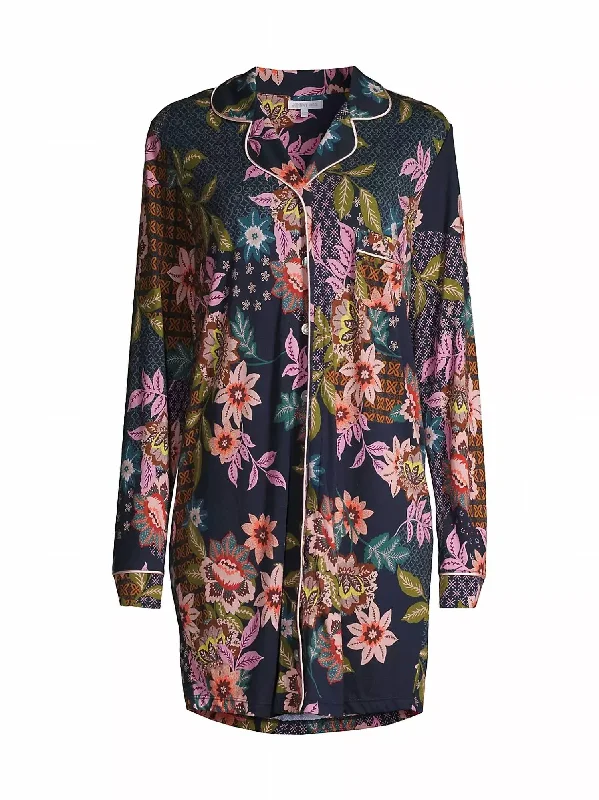 Silk women's pajamas for bedtime-Long Sleeve Sleep Shirt In Delfino
