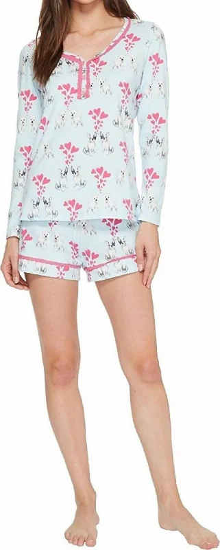 Relaxing women's pajamas with soft material-Long Sleeve Sweetheart Two-Piece Shorts Set In Blue