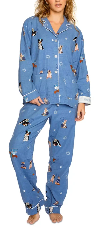 Soft and stylish women's pajamas set-Love You A Latke Hanukkah Print 100% Cotton Flannel Pj Set In Denim Soft and stylish women's pajamas set-Love You A Latke Hanukkah Print 100% Cotton Flannel Pj Set In Denim