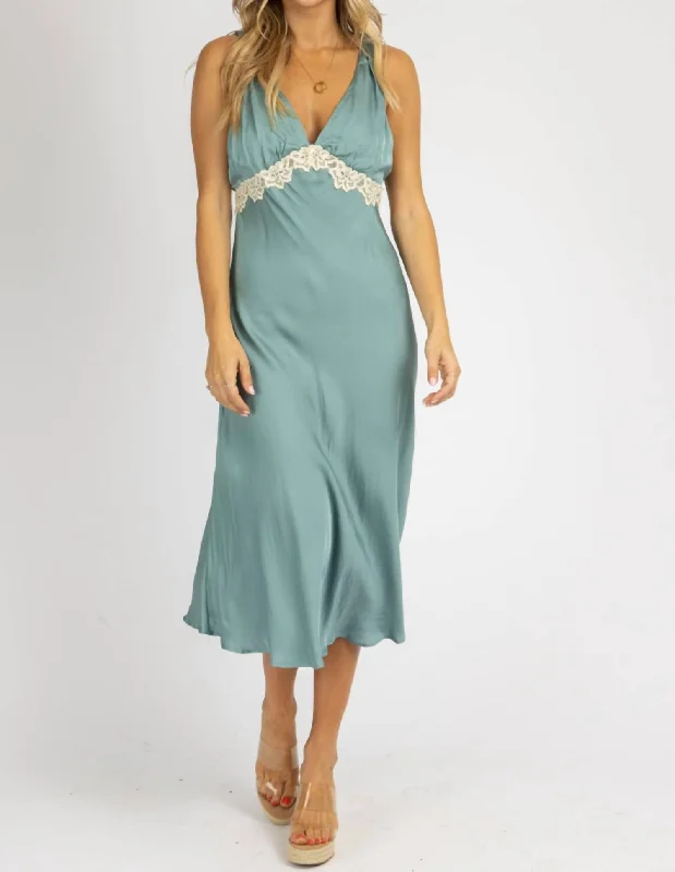 Comfortable women's pajamas for everyday wear-Moss Lace Midi Slip Dress In Green
