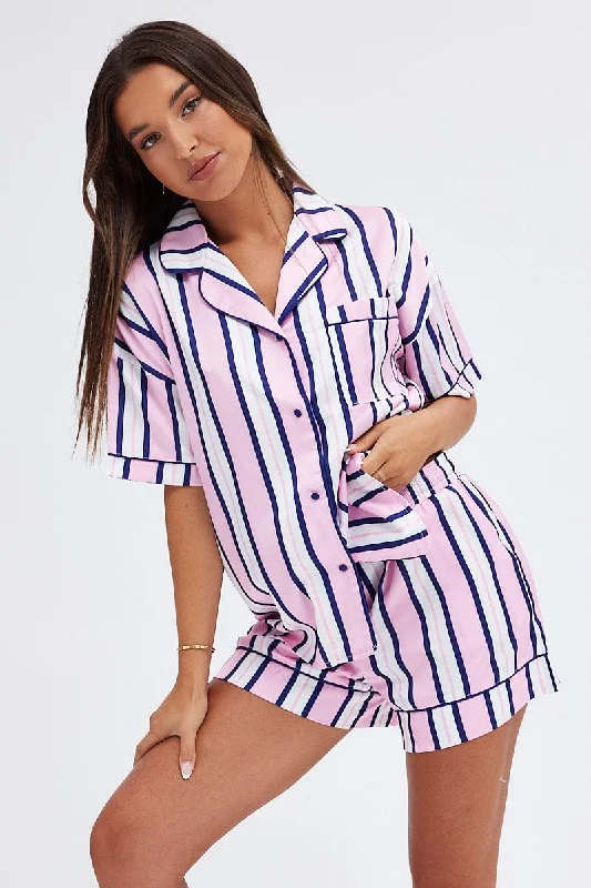 Soft cotton women's pajamas for perfect sleep-Multi Print Satin Pj Multi Stripe Piping Pyjama Set