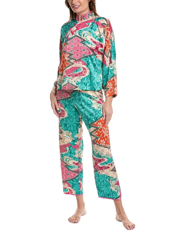 Comfortable women's pajamas for summer-Natori 2pc Orient Express Mandarin Pajama Pant Set Comfortable women's pajamas for summer-Natori 2pc Orient Express Mandarin Pajama Pant Set