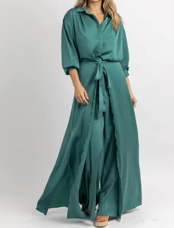 Soft satin pajamas set for women-New Wave Tie Pant + Top Set In Green