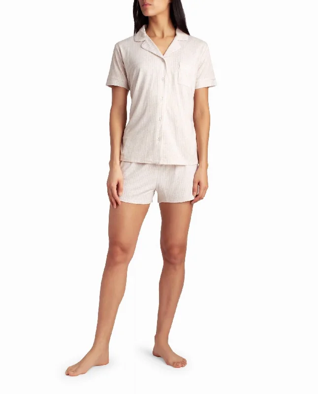 Women's pajamas for bedtime comfort-Peached Jersey Shirt And Short Two-Piece Sleepwear Set In Oatmeal Stripe Women's pajamas for bedtime comfort-Peached Jersey Shirt And Short Two-Piece Sleepwear Set In Oatmeal Stripe