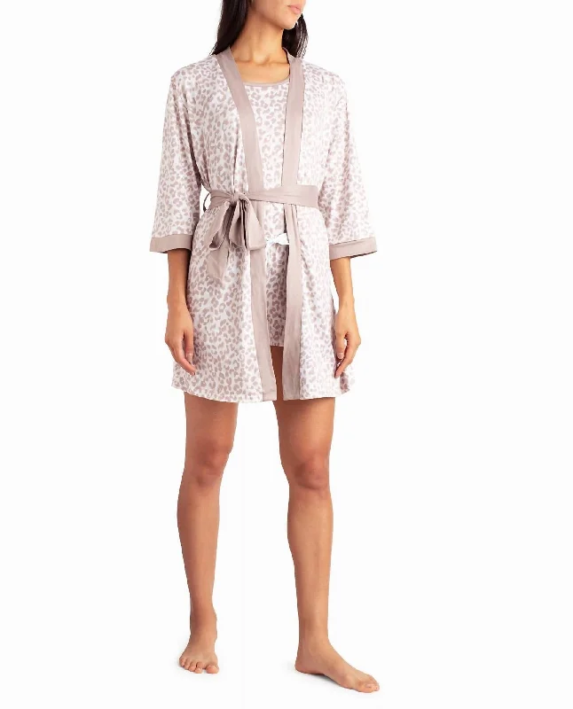 Soft women's pajamas set-Peached Jersey Three-Piece Sleepwear Set In Beige Animal