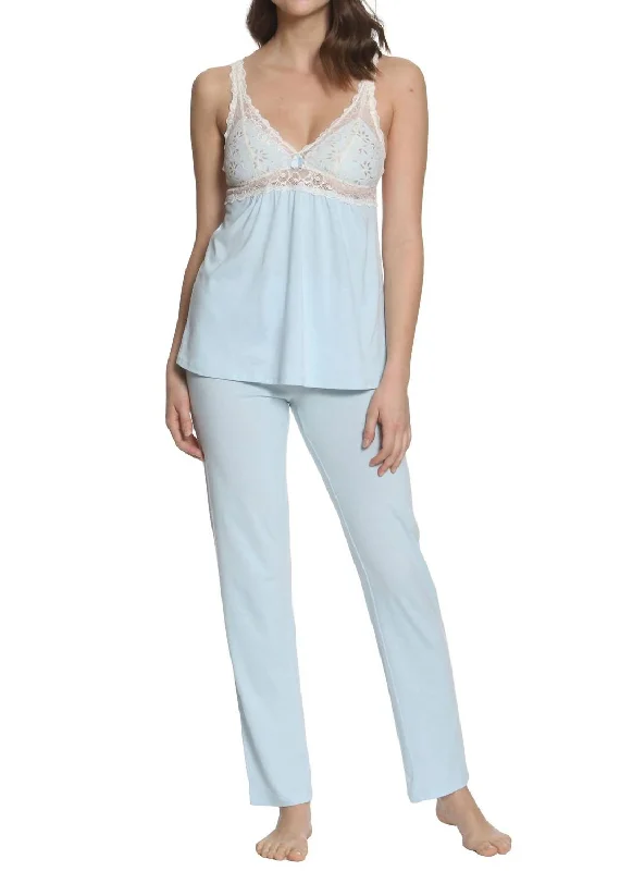 Cozy women's pajamas for a good night's sleep-Penelope Tank Camisole Full Length Pant Pj Set In Starlight Blue