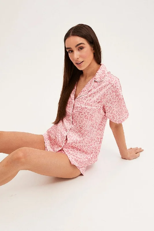 Cozy pajamas set for women with top-Pink Animal Print Pyjamas Set Short Sleeve Collared Shorts Satin Cozy pajamas set for women with top-Pink Animal Print Pyjamas Set Short Sleeve Collared Shorts Satin
