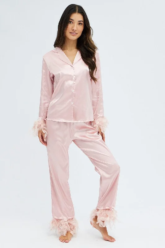 Women's pajamas with cute patterns-Pink Feather Satin Set