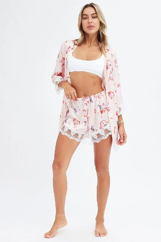 Cozy women's pajamas for a good night's sleep-Pink Print Print Satin Pajamas Set