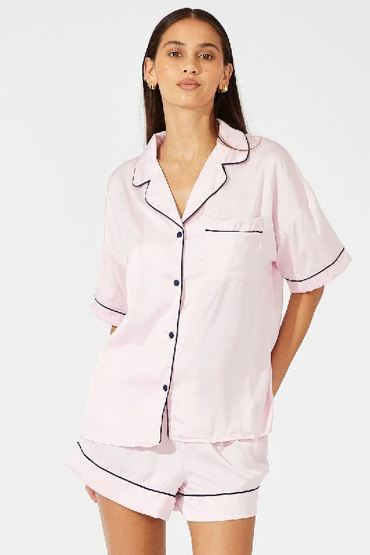 Women's pajamas with light cotton fabric-Pink Satin Pajamas Set Short Sleeve