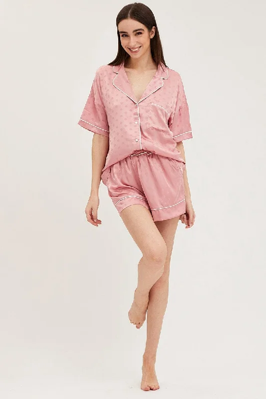 Women's pajamas with a cute, feminine look-Pink Satin Pajamas Set Short Sleeve