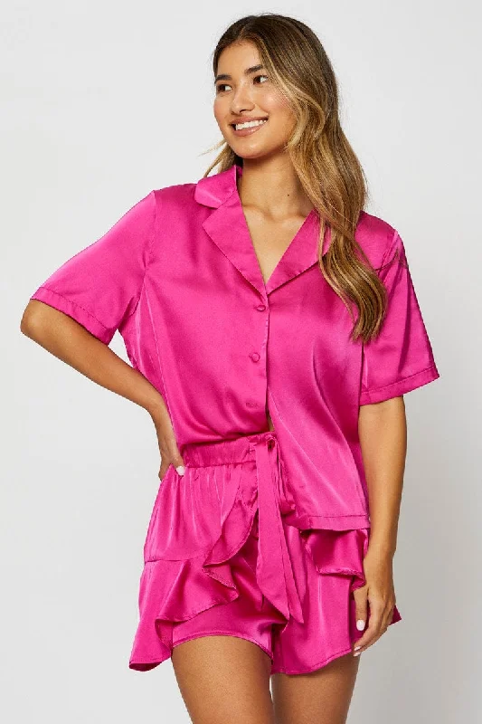 Women's pajamas set with full-length pants-Pink Satin Pajamas Set Short Sleeve