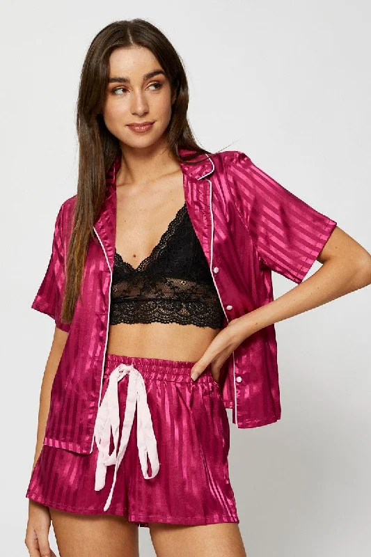Cozy women's pajamas for summer nights-Pink Satin Pajamas Set Short Sleeve
