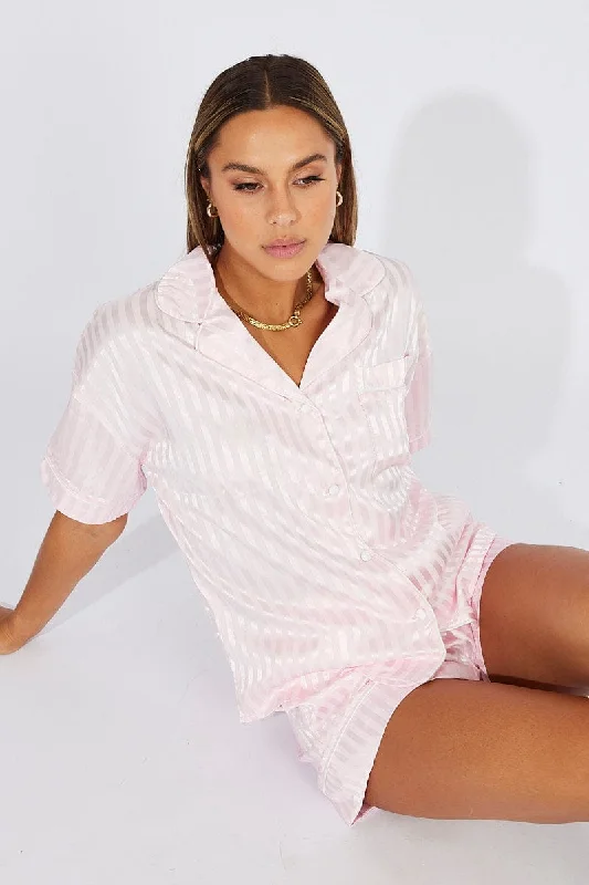 Women's pajamas with short sleeves for summer-Pink Stripe Satin Pajamas Set Short Sleeve