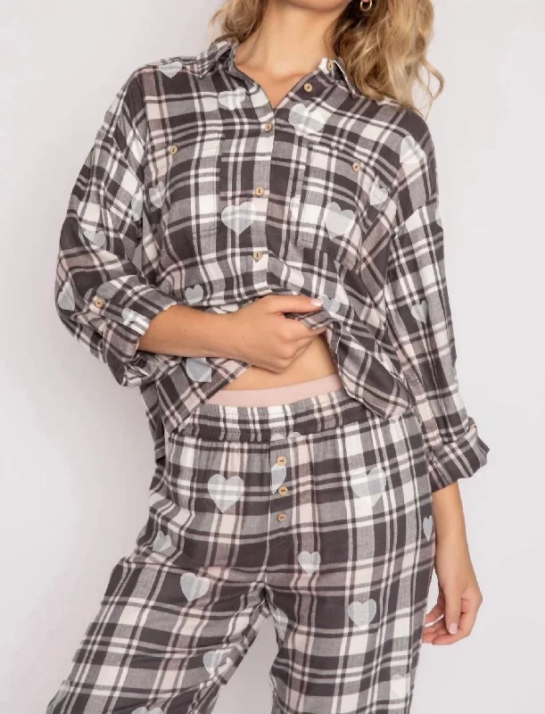 Stylish pajamas set with button-down top-Plaid Mad Top In Charcoal