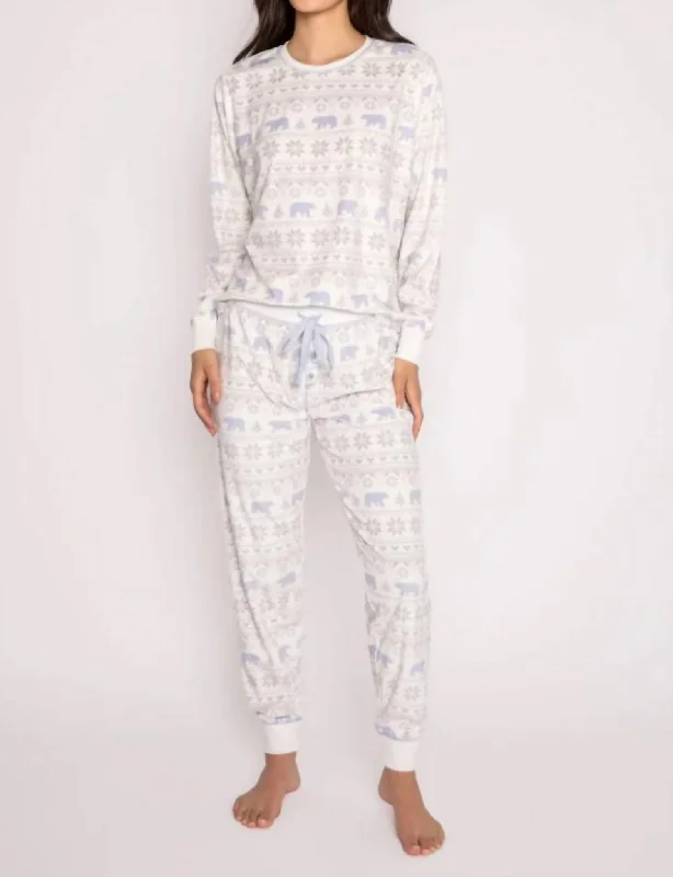 Comfortable pajamas for women with short sleeves-Polar Bear Express Luxe Micro Velour Top And Pant Set In Ivory Comfortable pajamas for women with short sleeves-Polar Bear Express Luxe Micro Velour Top And Pant Set In Ivory