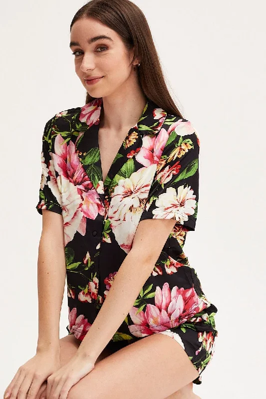Elegant women's pajamas with satin fabric-Print Satin Pajamas Set Short Sleeve