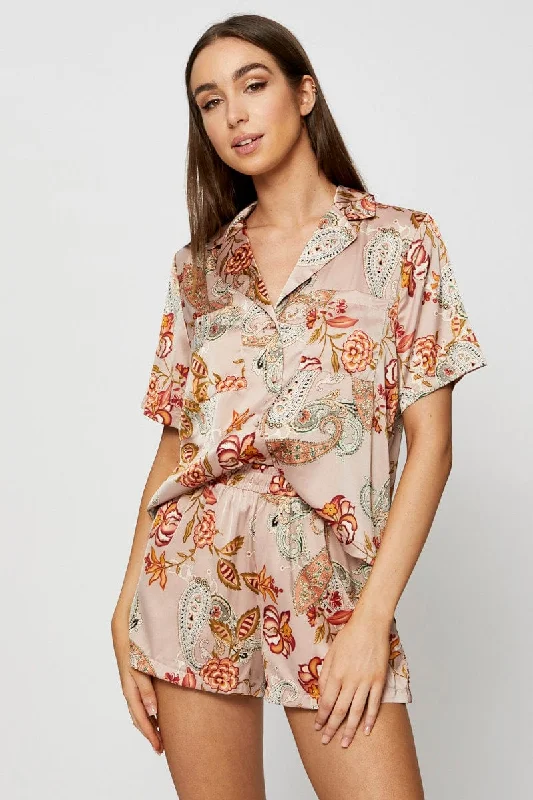 Cozy women's pajamas with pants-Print Satin Pajamas Set Short Sleeve