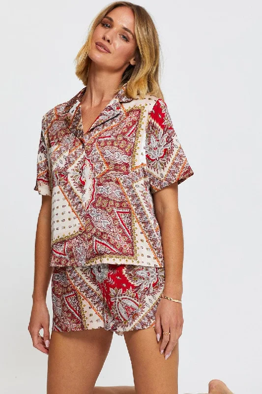 Women's pajamas with chic patterns-Print Satin Pajamas Set Short Sleeve