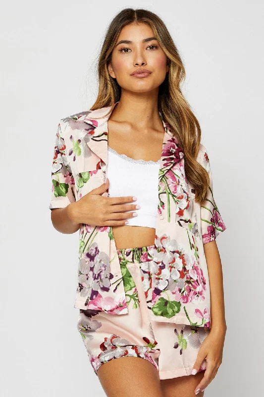 Women's pajamas for easy sleep-Print Satin Pajamas Set Short Sleeve