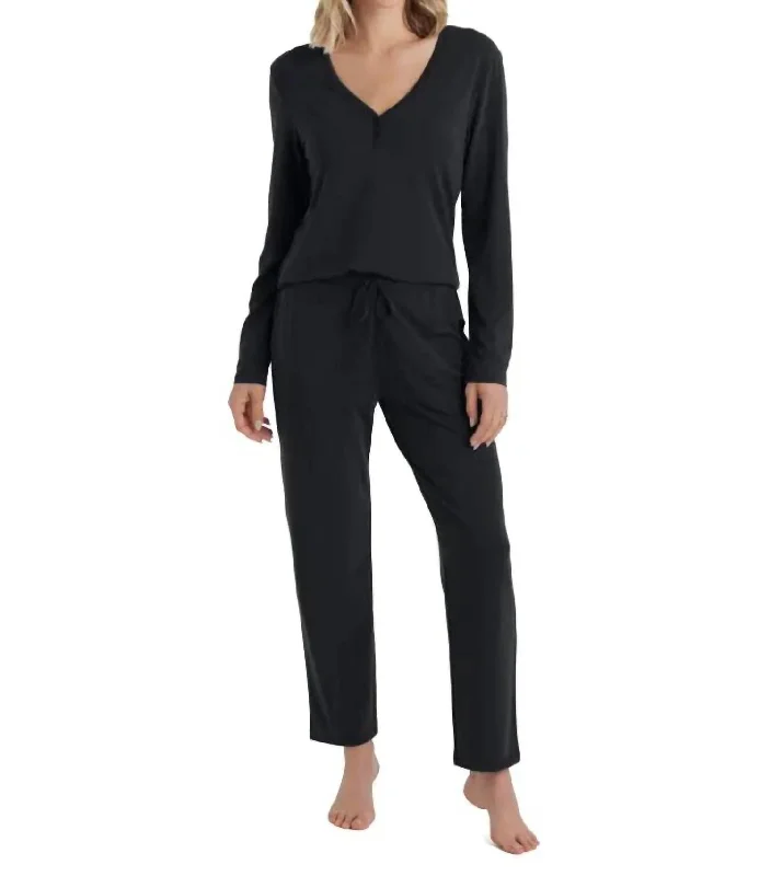 Soft fabric pajamas set for women-Quinn Y-Neck Henley Pj Set In Black