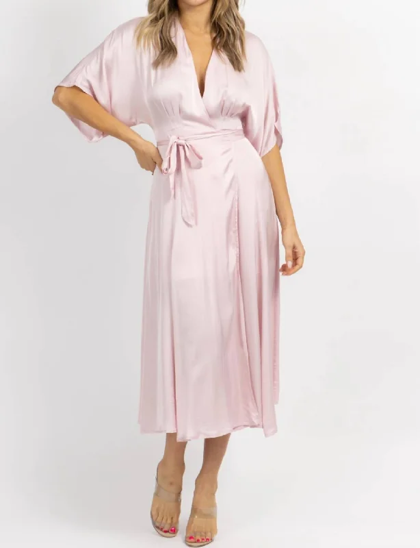 Cozy women's pajamas for winter nights-Satin Wrap Midi Dress In Pale Pink
