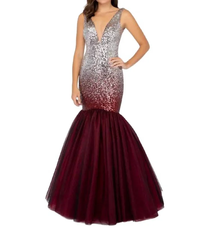 Soft cotton women's pajamas for perfect sleep-Sequin Mermaid Gown In Silver And Wine Red