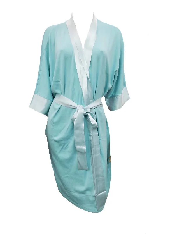 Women's pajamas with a soft touch-Shala Knit Robe With Pockets And Satin Trim In Aqua