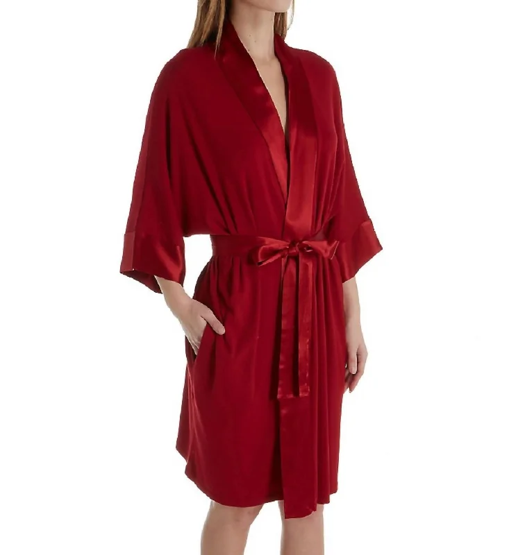 Women's pajamas for cozy nights-Shala  Knit Robe With Pockets And Satin Trim In Red
