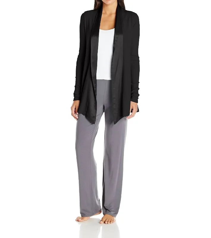 Women's pajamas set with elastic waistband-Shelby Satin Trimmed Robe With Pockets In Black