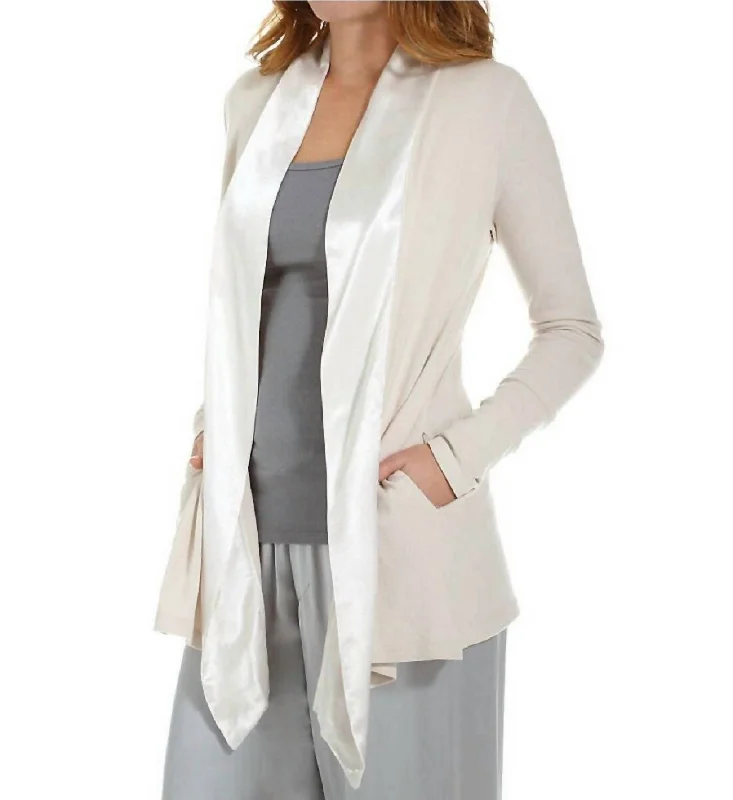 Women's pajamas set with drawstring pants-Shelby Satin Trimmed Robe With Pockets In Eggnog