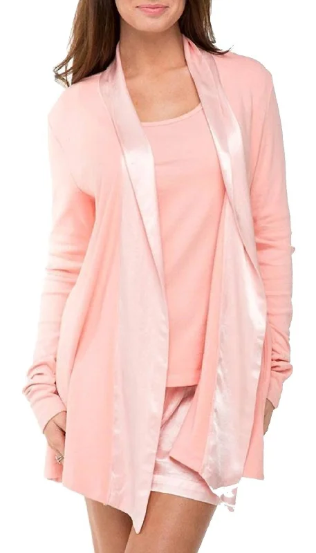 Women's cotton pajamas set-Shelby Satin Trimmed Robe With Pockets In Light Peach