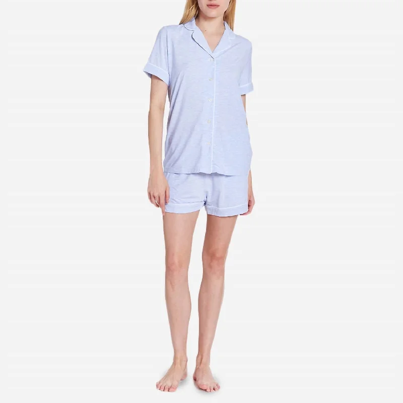 Women's pajamas with soft satin finish-Shortie Pajama Set In Blue