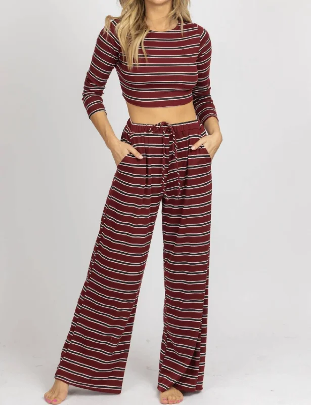 Elegant pajamas set with satin fabric-Stripe Ribbed Pant Set In Burgundy