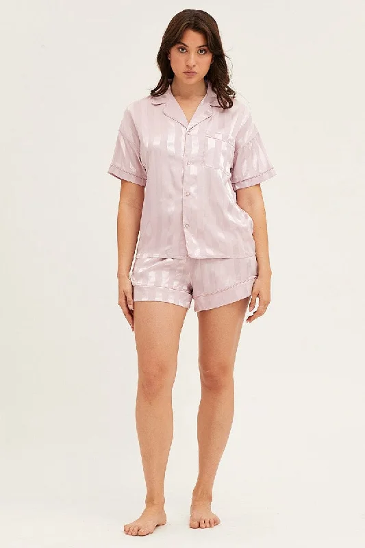 Lightweight women's pajamas set-Stripe Satin Pajamas Set Short Sleeve