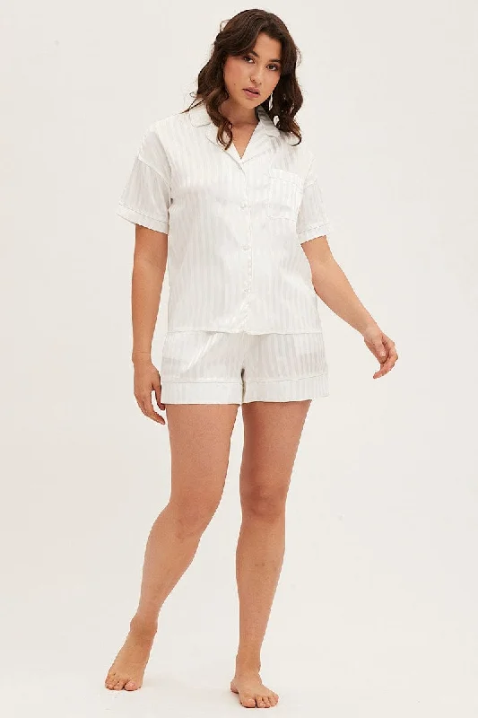 Women's pajamas with long pants-Stripe Satin Short Sleeve Top & Short Pj Set