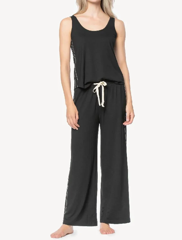 Women's pajamas with silk material-Super Soft Pant/tank Pajama Set In Black