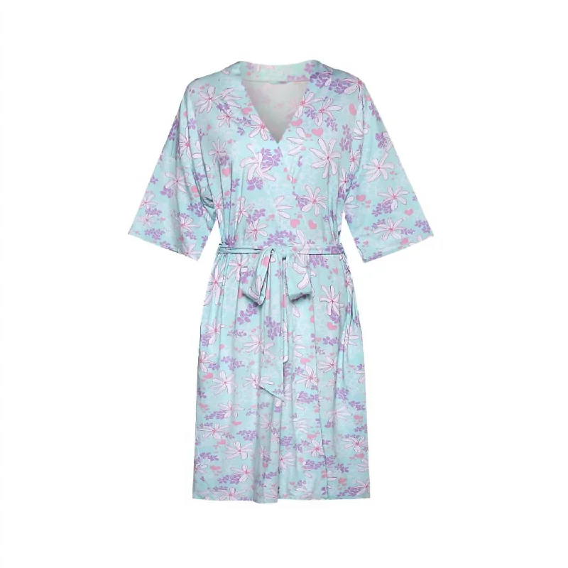 Comfortable women's pajamas with stretchy waistband-Tiare Blooms Mama Robe In Blue