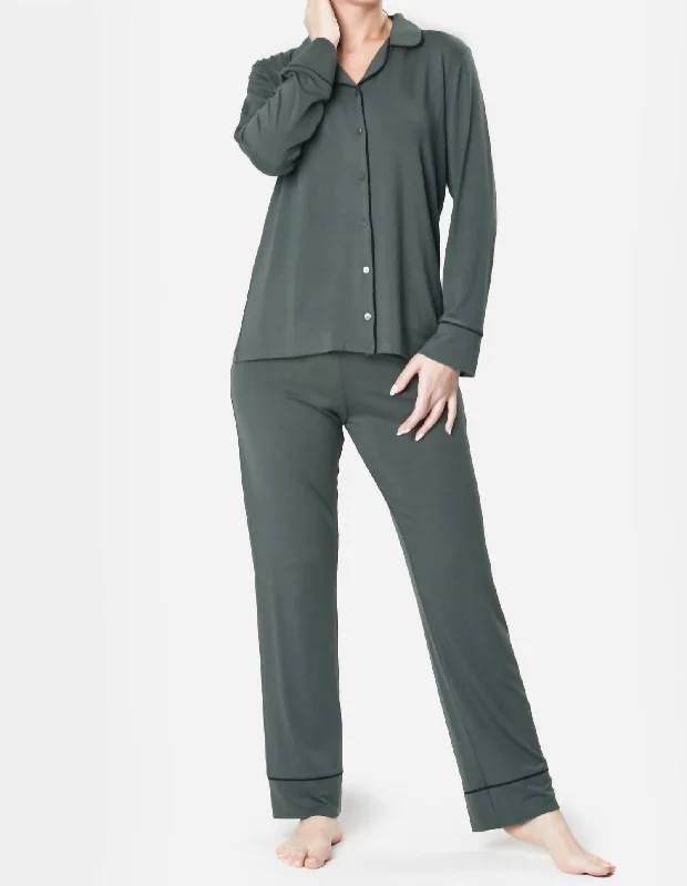 Women's pajamas with buttons for easy wear-Ultra Soft Notch Collar Pajama Set In Fern