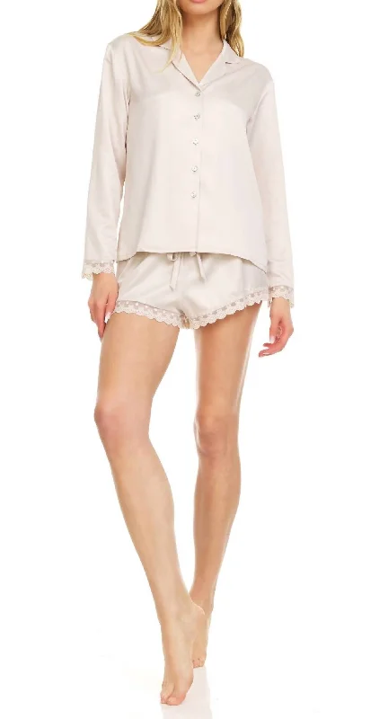 Comfortable women's pajamas for a restful sleep-Victoria Charmeuse Notch Short Set In Parchment Comfortable women's pajamas for a restful sleep-Victoria Charmeuse Notch Short Set In Parchment