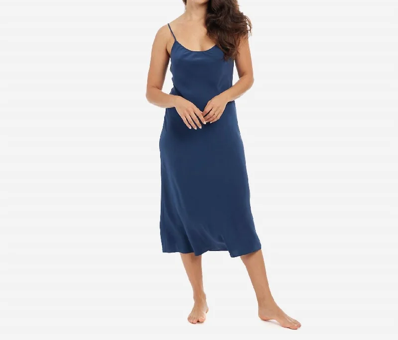 Comfortable sleepwear for women-Washable Silk Midi Slip Dress In Navy