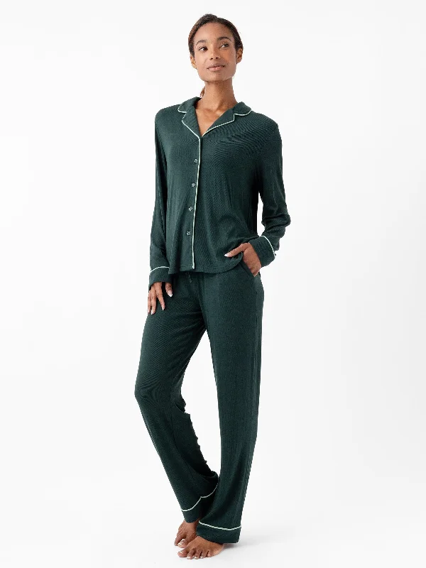 Women's pajamas with cool cotton fabric-Rib-Knit Classic Long Sleeve Pajama Set