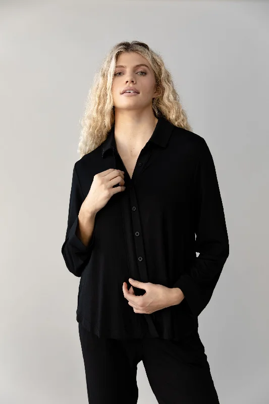 Women's pajamas with matching bottoms-Stretch Knit Bamboo Collared Long Sleeve Button Down
