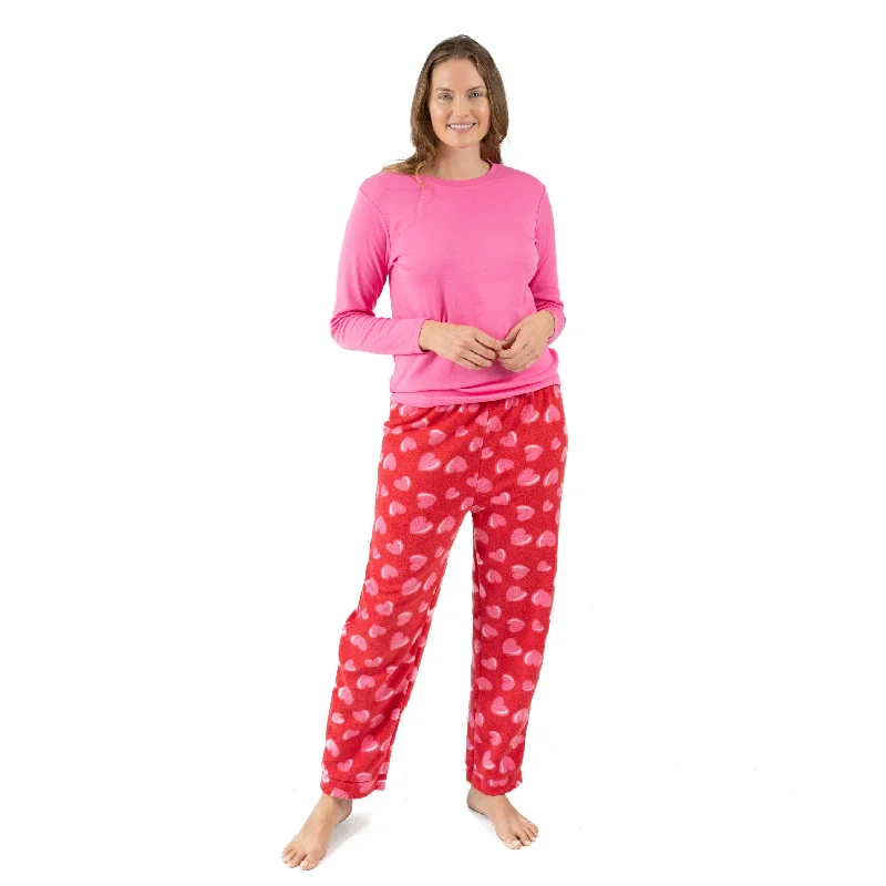 Women's pajamas set with full-length pants-Womens Cotton Top and Fleece Pant Pajamas Heart Women's pajamas set with full-length pants-Womens Cotton Top and Fleece Pant Pajamas Heart